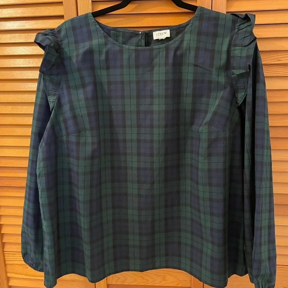 J. Crew Top, Size Unmarked, Blue & Green Paid, Slipover w/Shoulder Ruffles.